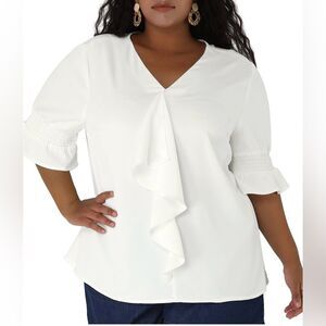 Agnes Orinda Women’s Ruffle Smock Short Sleeve V Neck Casual Blouse Plus Size 3X